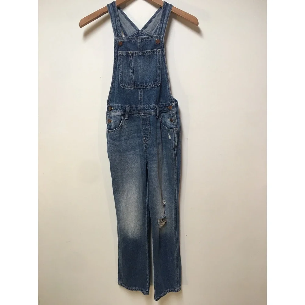 Old Navy Denim Overalls Girls Sz L 10-12 Blue Distressed Straight Leg 90s Casual